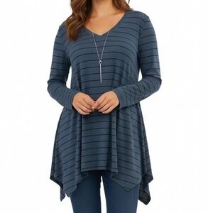Garnet Hill Slate Blue Navy Striped Tunic XL Hankerchief Hem‎ Boho Popover